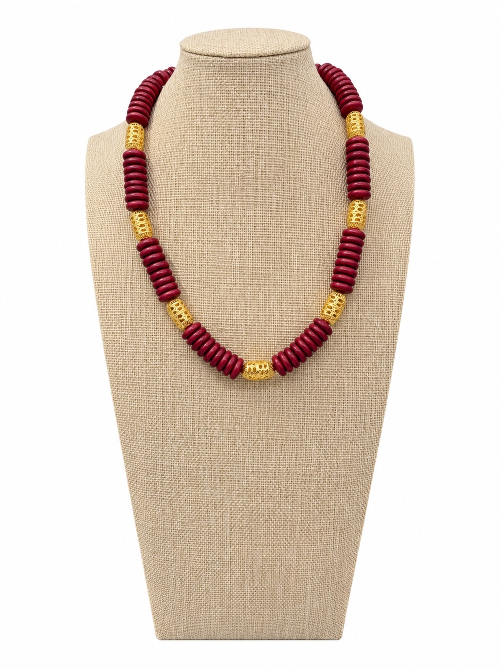 NWOT Burgundy Red Disc Bead Gold Tone Filigree Adjustable Necklace